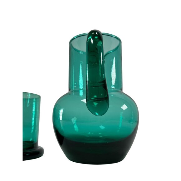 RARE Teal Glass Hand Blown Vintage Tumble Up Guest Pitcher and Cup Matching Set - Picture 5 of 15